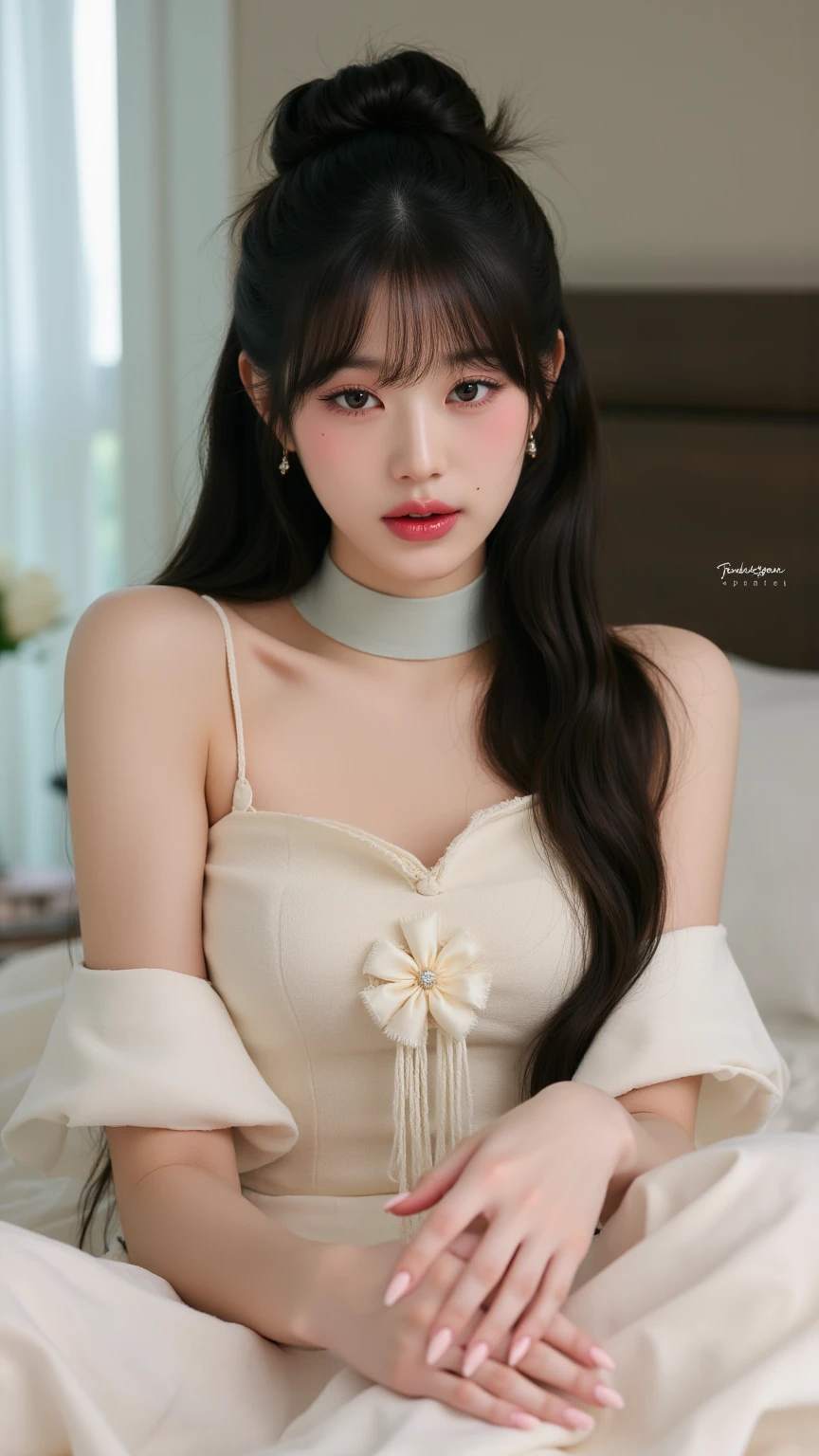 best quality, tmasterpiece,Ultra-high resolution,Clear face,（Reality：1.4），ferpect lighting，(upper body shot:1.5), (photorealistic:1.50), anime wallpaper, Guviz style artwork, cover-up fantasy up to magic , by Yang J, Guviz, beautiful artwork illustration, beautiful digital artwork, beautiful digital illustration, Li Song, beautiful anime portrait, art style in Beauvot,1girl,black hair, long hair,bangs, smile,Blush,(front:1.3),(standing:1.3),cowboy shot, Bare shoulders,
Sweet girl outfit5, (high waist skirt), Black skirt,indoor,In the room, (Curtain  Background:1.3), mirror, (super Giant breasts:1.3),