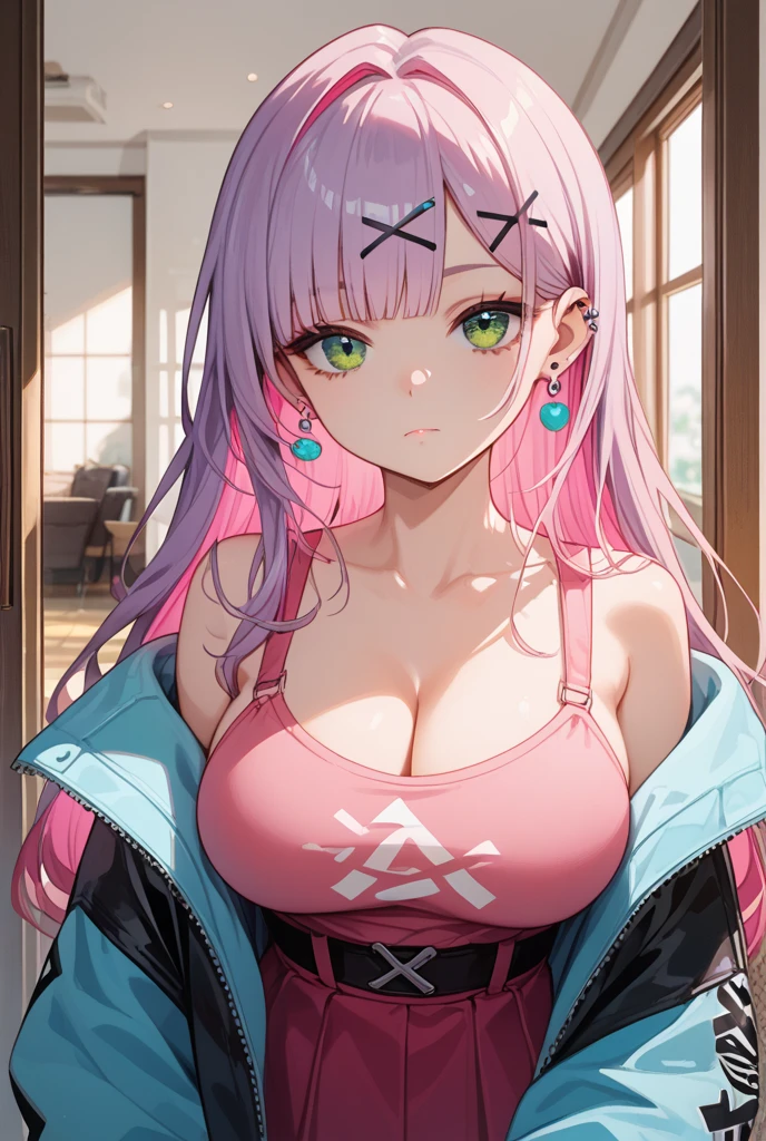 beautiful girl, Light pink hair, white skin, light purple eyes, sharp jawline, cropped jacket, messy hair, plump lips, smirk, large breasts