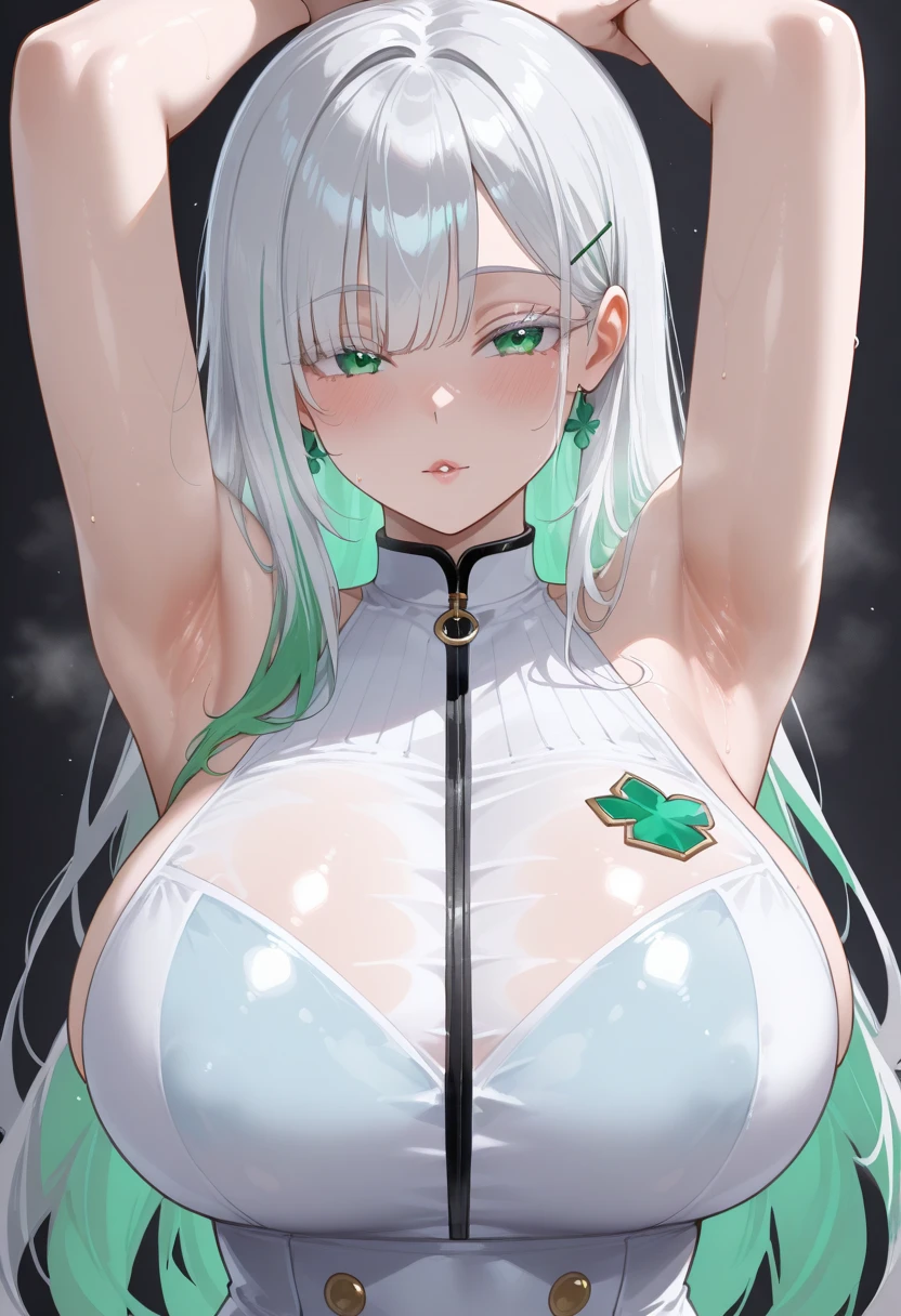 A young girl with long white hair, green eyes, slender body, C-cup, only bra and panties, while taking a photo, standing in front of the background cloth, posing, the overall picture is exquisite and perfect, perfect The whole picture of the girl