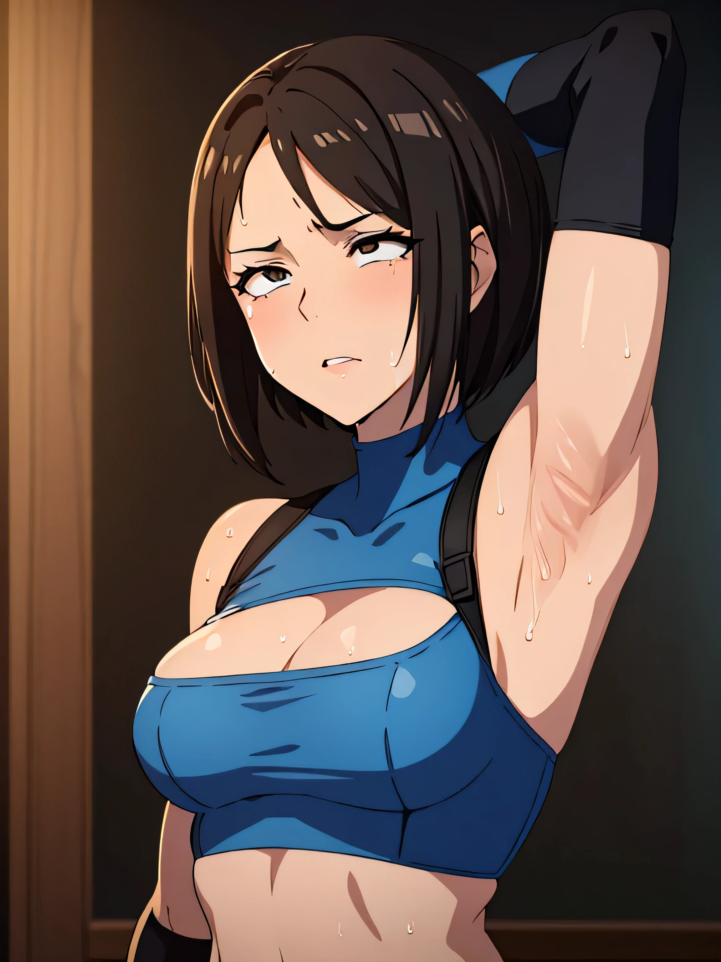 (Perfect body),Best Quality,(8K Portrait),(Official art)、((NSFW))、((adult woman))、((((SEX))))、(((((A muscular man is grabbing her breasts)))))、is crying、embarrassed from、1girl in,((((:o))))、Surprised、(blush),(Sweat),(((huge-breasted)))、(thick thighs)、(big butts)、((Brown hair)),(Parted bangs)、((Short hair))、((Forehead))、(Light Blue Bra)、(Light blue panty)、 (Brown-eyed)、Cowboy Shot、Bedroom、lying on one's side、Hands behind the head、Armpits