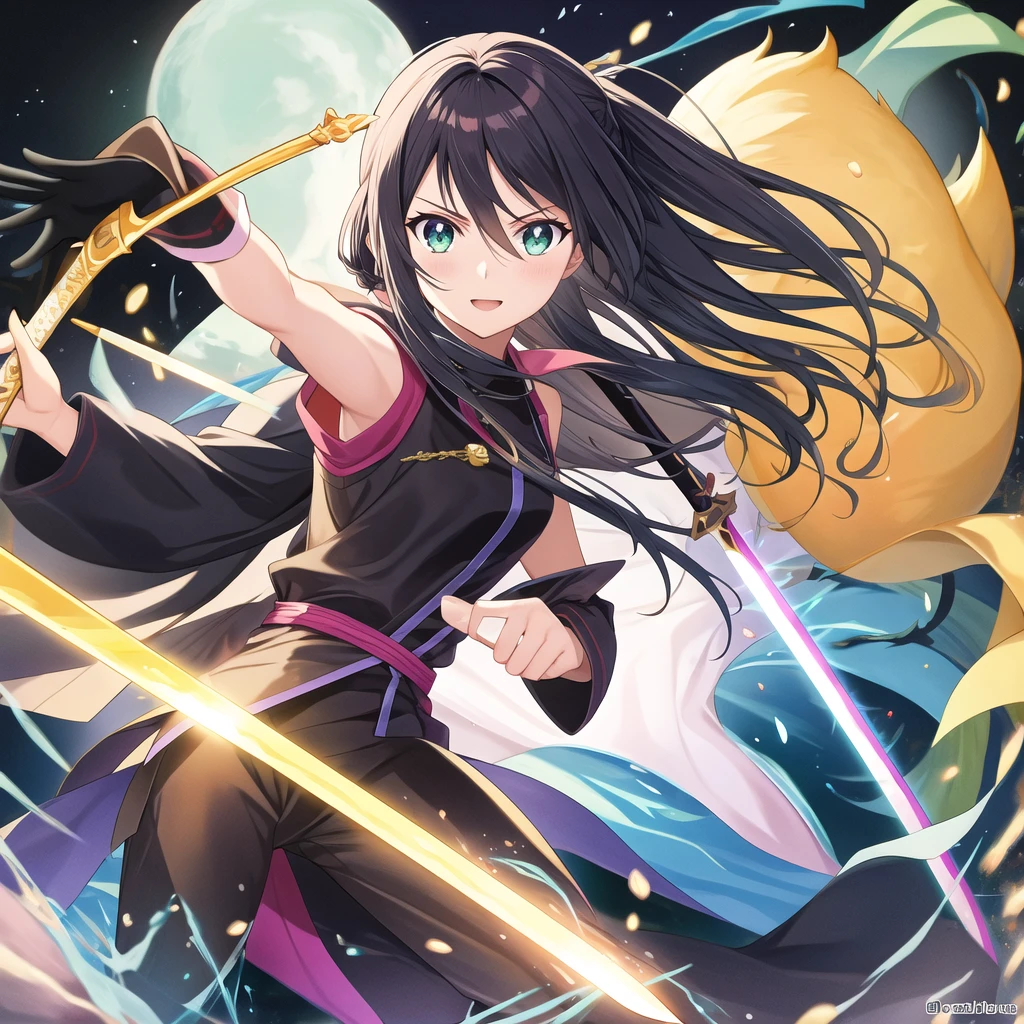 1girl, hairband, japanese clothes, bow \(weapon\), holding weapon, aiming, joyful, night, full body, dynamic angle, zunkolora, <lora:zunkolora_charaLoRA_XL_AMG:0.6>