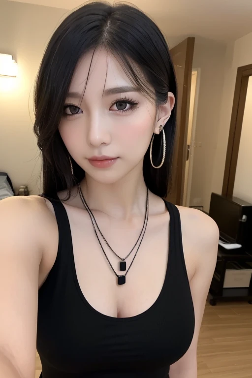 absurdres, RAW photo, extremely delicate and beautiful, masterpiece, Best Quality, ultra high resolution, 32k, hyperrealistic, ultra-detailed, perfect figure, Perfect Style, Perfect balance, in her 20s, very small head, very small face, delicate facial features, tearful mole, earring, (very huge breasts), bare legs, full body shot, medium hair, black hair, bare shoulder, shorts,