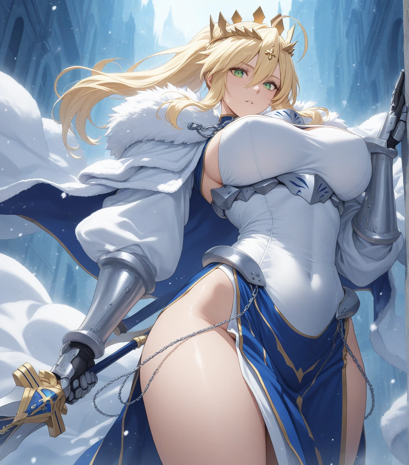 Artoria Lancer, mature woman, elegant, blonde hair, green eyes, casual clothes, crown, white cape, fur trim, portrait, upper body, curvaceous, 4k resolution, high quality,skirt lift,show off pink panties,