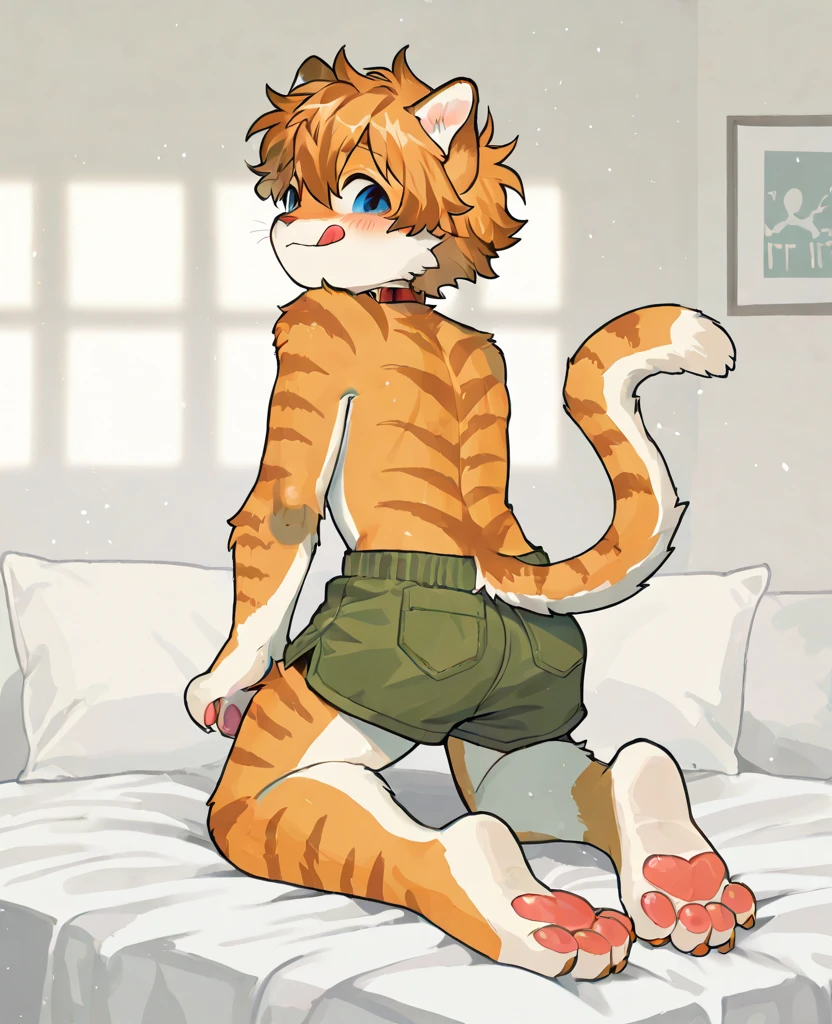 (SFW) Cute, furry, orange tabby cat boy wearing  a light gray sleeveless turtleneck virgin killer sweater that is cover his crotch and also has a large bulge, and light gray thigh-high socks, best quality
