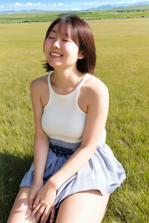 The image is a portrait of a young woman named koshiba_fuka standing in a field. Snow-white skin. She is wearing a beige tank top and a green tulle skirt. She has shoulder-length dark hair with bangs and she is Looking at the camera with a slight smile. The sky is blue with white clouds and there are tall grasses in the background. The overall mood of the image is peaceful and serene. Beautiful hands. The overall color of the image is bright and soft. 