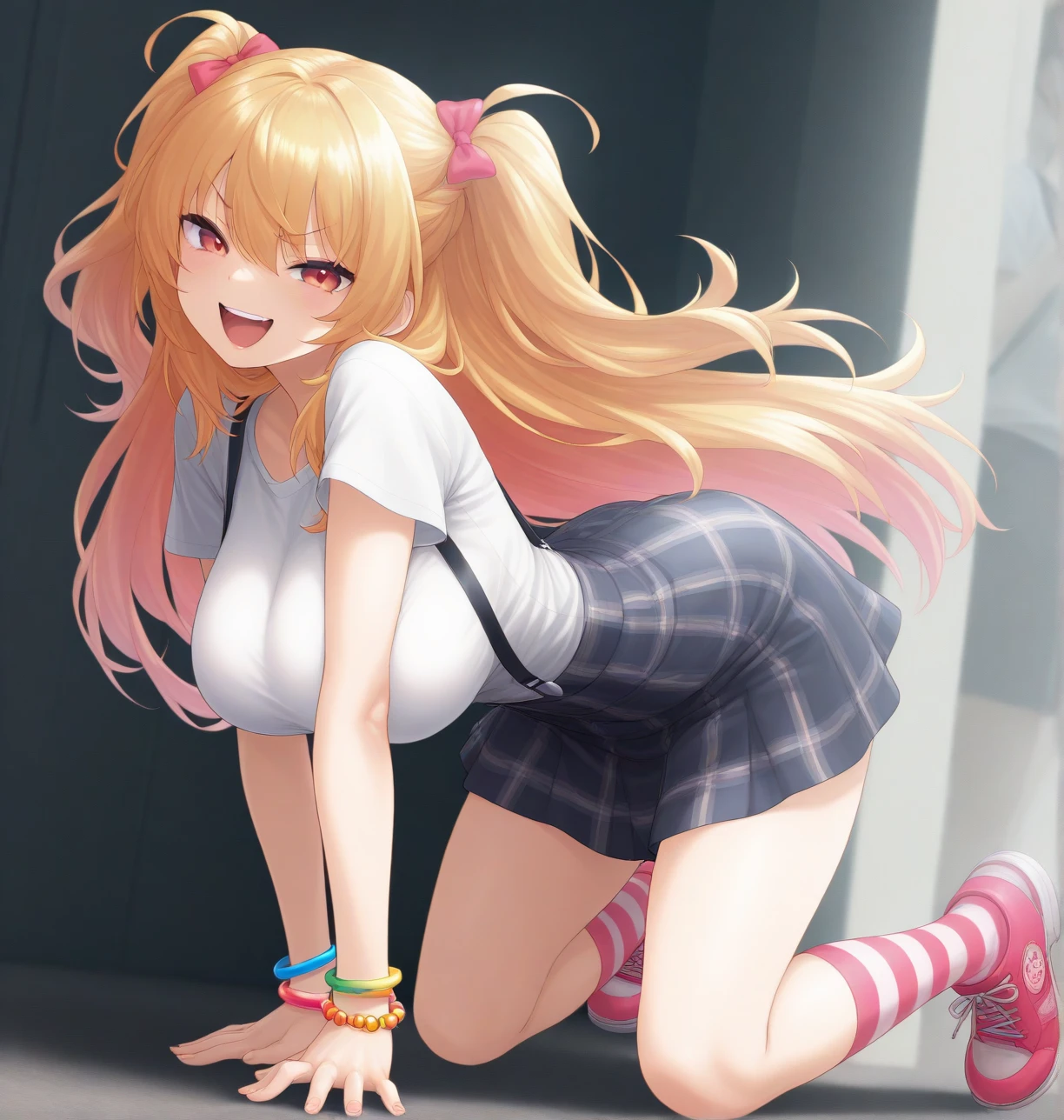 Serena(pokemmo) A girl with blue eyes and long hair. Sleeveless turtleneck sweater, sweater vest, blue skirt, white stockings, blonde eyelashes, turtleneck sweater, red sweater, pleated skirt, bangs, hands on hips, high heels, arms behind head