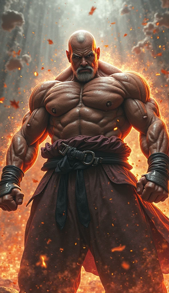 A strong, muscular man with short, fiery orange undercut hair and freckles stands in a battle-ready stance. He is shirtless, revealing his well-defined torso and arms, which are covered in intricate red tattoos that resemble flames and embers, extending across his entire chest and back. He wears fitted, flame-patterned pants in red and black, which accentuate his powerful physique. His smooth, well-groomed underarms are visible. The surroundings are ablaze with warm hues of red, orange, and gold, creating a dramatic and intense atmosphere. Flames erupt around him, casting dynamic shadows and emphasizing his readiness for combat. The ground is covered in glowing embers and ash, reflecting the fiery nature of his element. The image is rendered in a photorealistic, hyper-realistic 8k style, with vibrant HDR and chiaroscuro lighting that highlights the fiery energy and motion of the scene. His eyes burn with a fierce intensity, showcasing his mastery of fire and his readiness for battle.