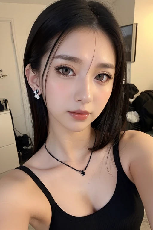 ((Highest quality, 8k, masterpiece: 1.3)), One Girl, The beauty of slim abs: 1.3, (Long Hair、casual, Big Breasts: 1.2), Wearing a black halter neck lace teddy and peekaboo cups, Very beautiful face, Delicate eyes, double eyelid, smile, Home, Browsing Caution