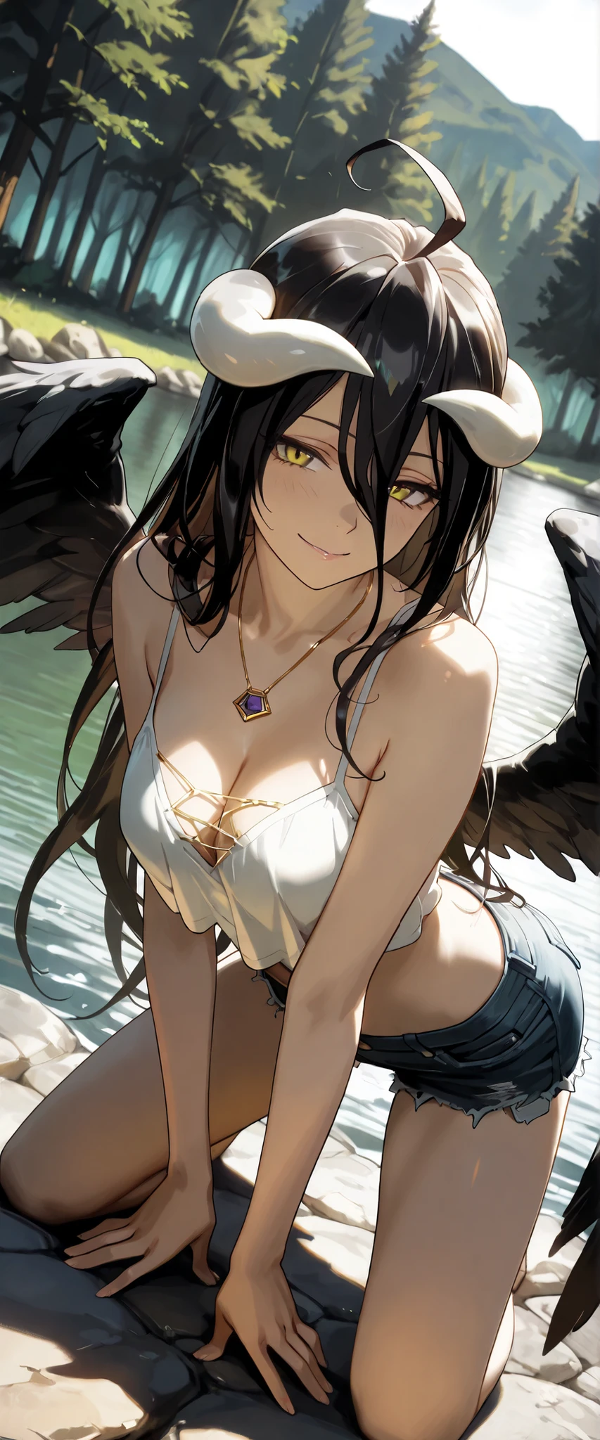 1 woman, albedo (overlord), dutch angle, white horns, dark hair, yellow eyes, black wings, white top, denim shorts, beautiful necklace, posing for a photo, kneeling, lake, outdoors, beautiful forest, seductive smile, seductive pose, chiaroscuro, masterpiece, high quality, highly detailed