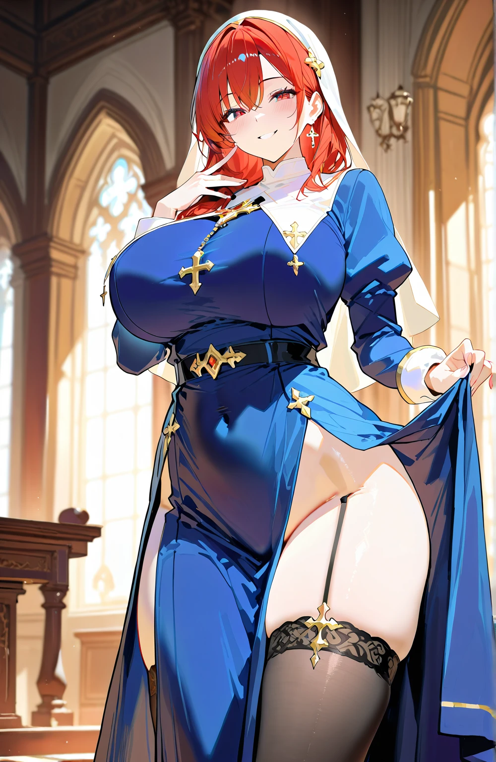 female, golden blonde short hair, blue eyes, (((1girl))), (((blue regal dress))), (white opera gloves), (white tights), (blue heels), (silver and gold jewelry), cute and sexy, full body, huge breasts, long legs, smiling