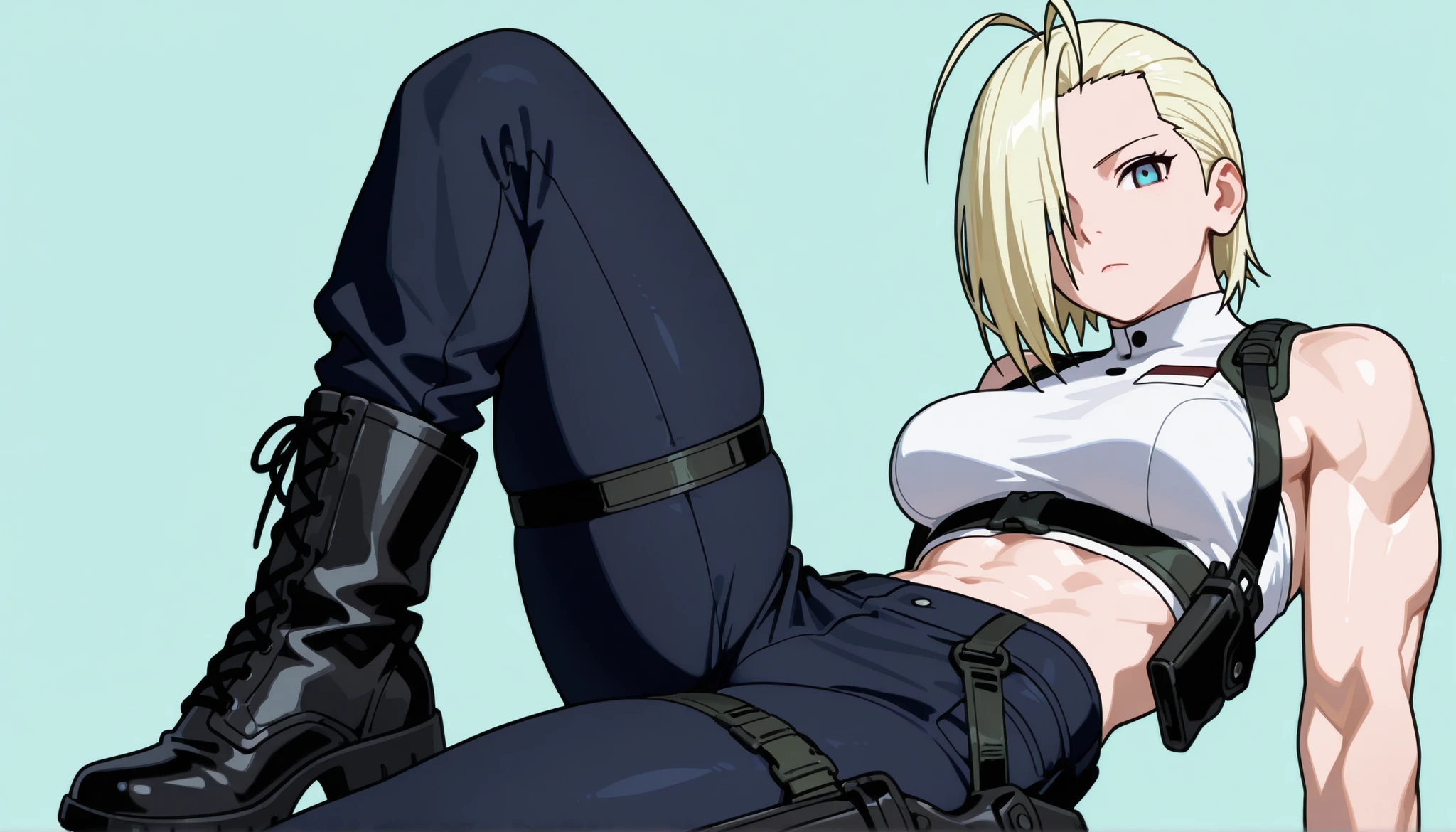 close in bust. beautiful woman in her thirties, blonde hair, long thin face, blue eyes, narrow gaze, short hair, slicked back hair, slicked back hair, emo bangs that fall over one eye (antenna bangs) (Yamanaka Ino bangs), tall athletic woman, tight white top, black tactical pants, black high boots, black gloves, holster on leg, athletic body, muscles, thin waist, defined abdomen, thin face. Masterpiece, best quality, 2D, flat shading, flat illustration, minimalist, pop art style, neopop, linear drawing, vector stroke, 1 girl, alone, medium breasts, (colored background, simple background), looking at viewer, thick thighs, no makeup, in sexy pose, beautiful eyes, detailed eyes.
