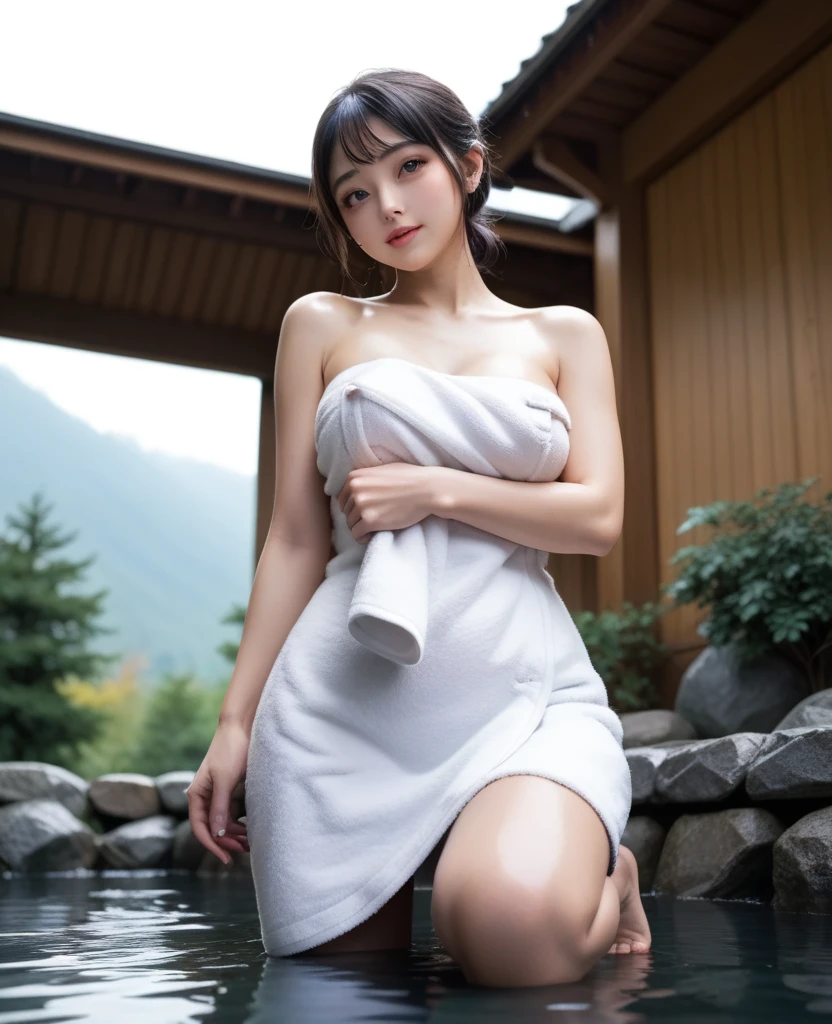((最好质量、8K、A masterpice:1.3))、(realisic、photoreallistic:1.37)、(physical-based rendering、Emphasis on balance)、1 Woman、a smile、ful body、A full body shot、Photograph from the top of the head to the toes、Slightly slimmer face、Pretty women、Japan Women in the 32s、Beautie、bewitching、a Pretty、Smaller face、A face that retains its youthfulness、a smile、F Cup、Sexy、hyperdetailed face、Neat face、Detailed eye、双眼皮、Long hair、((Wrap your naked body with a single bath towel))、piercings、neckless、A bracelet、Japan houses、garden、Large open-air rock bath、A full body shot、Front posture、Landscape view、、Rear view、Sedentary figure、