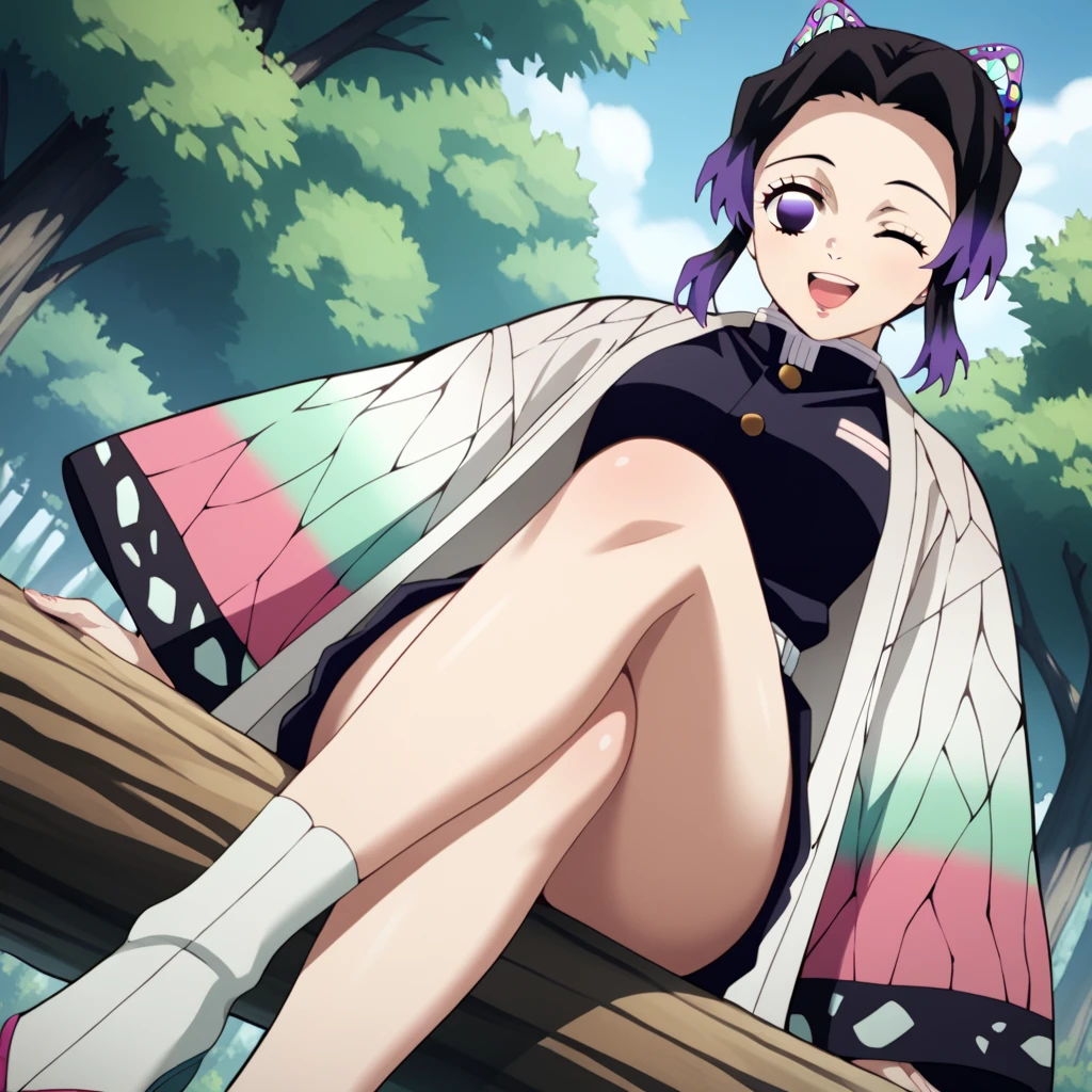 EFT_Shinobu, 1girl, kochou shinobu, butterfly hair ornament, solo, hair ornament, purple hair, multicolored hair, purple eyes, black hair, medium breast, (bikini), seductive smile, looking at viewer, blurry background, indoors, japanese house, full body, slim, ((masterpiece)), best quality, high detailed illustration, high detailed background, hi-res, bare legs, bare feet
