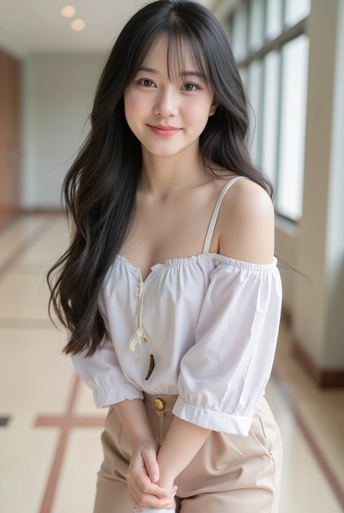 Japanese、1 girl、female college student、standing、white socks、smile、casual wear、black hair、long hair、masterpiece、Highest Quality