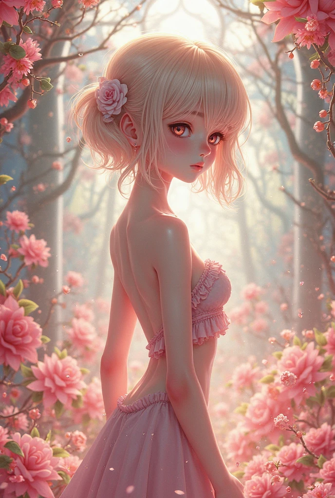 (masterpiece, best quality:1.4), Young blonde beauty, (((18 years old, neat girl))), detailed blue eyes, long eyelashes, blush, kind smile, horny, upper body, bikini top, small ass, very short pink skirt, (looking at viewer), beautiful blonde hair, white-skinned, (bangs:1.3), ponytail, squeezing, (medium size breasts), (mushroom forest, celestial forest, beautiful and magnificent pink sunshine, majestic sky), natural light, pastel colors