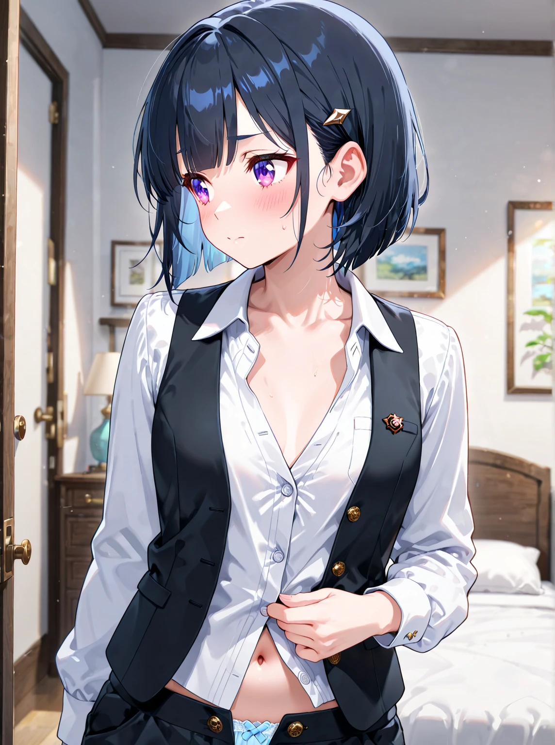 nsfw,(masterpiece:1.2),best quality,PIXIV,flot,
cowboy shot,1woman、18-year-old、Beauty, solo, white panties, camel toe,necktie, black hair,bob hair, blunt bangs,shirt, Shoulder-length hair, bottomless,,white shirt, blue hair, looking at viewer, collared shirt, from front, skinny、smaller head、medium breasts, long sleeves, black eyes,shy look、tearful,Simple bed、simple bedroom、sunset、