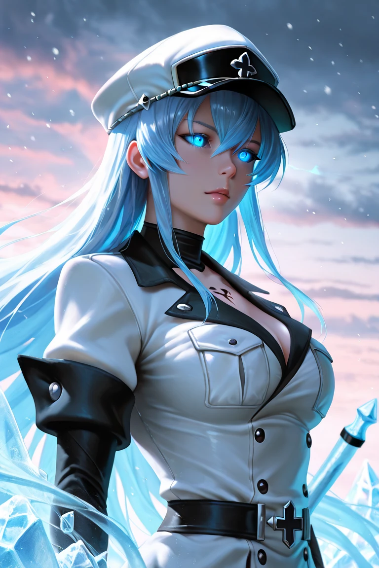 ((best quality)), ((highly detailed)), masterpiece, absurdres, detailed face, beautiful face, (detailed eyes, deep eyes), dynamic pose, upper body, esdeath, akame ga kill!, blue eyes, blue hair, ((very long hair)), chest tattoo, smiling, military uniform, military, uniform, white dress, black sleeves, choker, cleavage, collarbone, belt, hat, peaked cap, thigh boots, (white footwear), (((ice))), (on a stone bridge, afternoon)