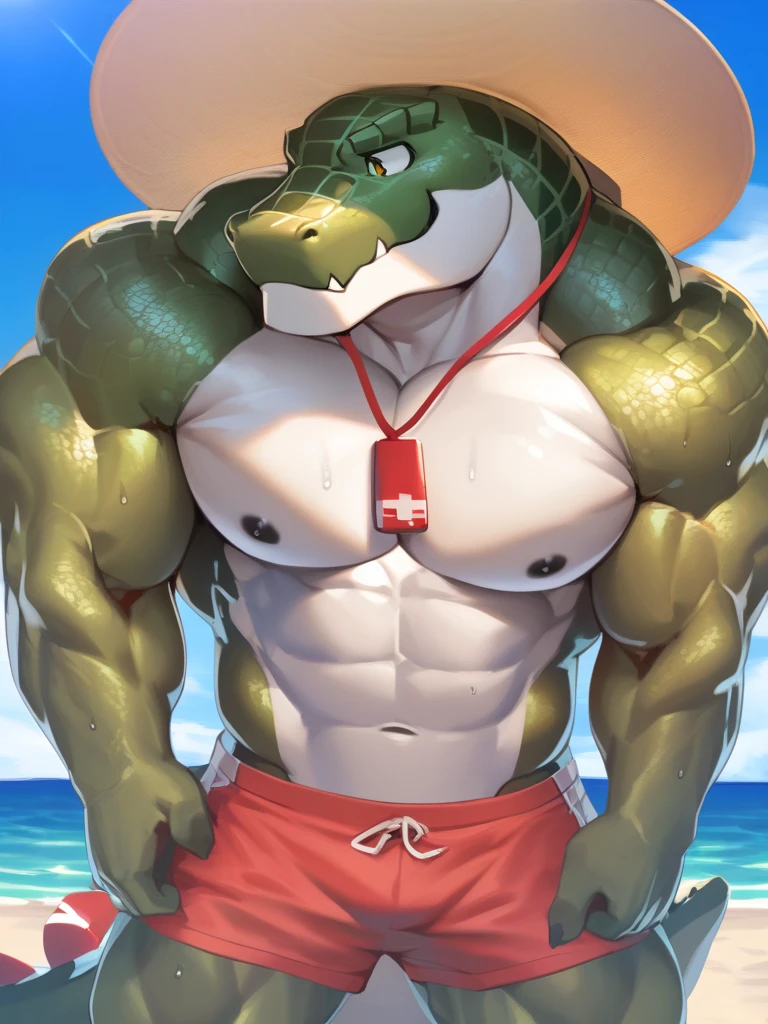 Big buff embarrassed green cartoon dragon with a ginormously oversized inflated brown stomach, high green, red eyes, big bellybutton, light green back, lifeguard tank top overhanging on top of his huge stomach, green necklace with dragon tooth, concerned look on his face, high pink blush, spiky red mohawk hairline, red arm necklace, huge ginormous muscular build with gigantic nipples, body hair across his chest and oversized stomach, water droplets all over his muscular body, red lifeguard shorts, sandals, standing on a beach resort in a ready to fart position and farting out a huge enormous light green toxic gas cloud coming out of his tailhole behind him