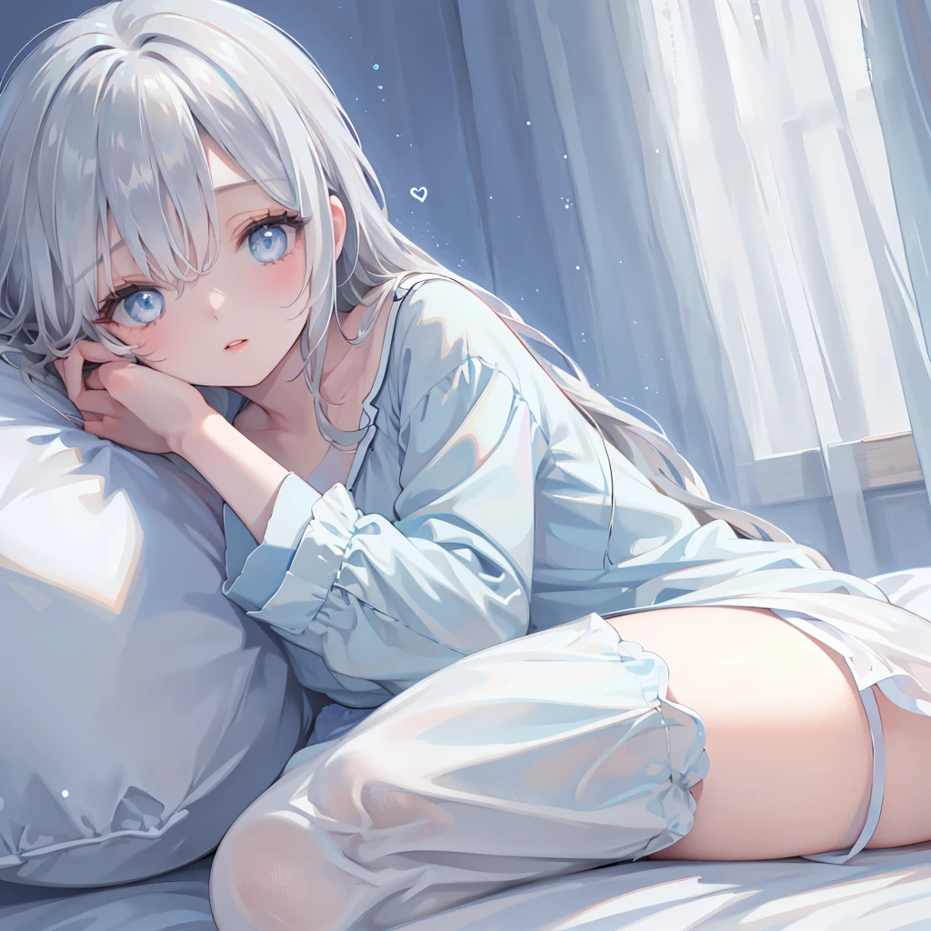 original character, Volumetric lighting, Best Shadow, Shallow depth of field, Portrait of an incredibly beautiful girl, , Delicate beautiful attractive face with seductive black eyes, Eyes half closed, sourThick eyelashes, yawn, Open your mouth, Cute Fangs, Beautiful small breasts, layered medium gray hair, Blush Eyeshadow, Thick eyelashes, Pajama Kigurumi Animal, In the attic of dreams, Sitting in a comfortable bed, with animal pillow, Beautiful duvet covers, Under the round window, A fantastic night sky seen from the window, moonlight, milky way, Starburst, (Highest quality, Amazing details:1.25), (only:1.3), Bright and colorful paints