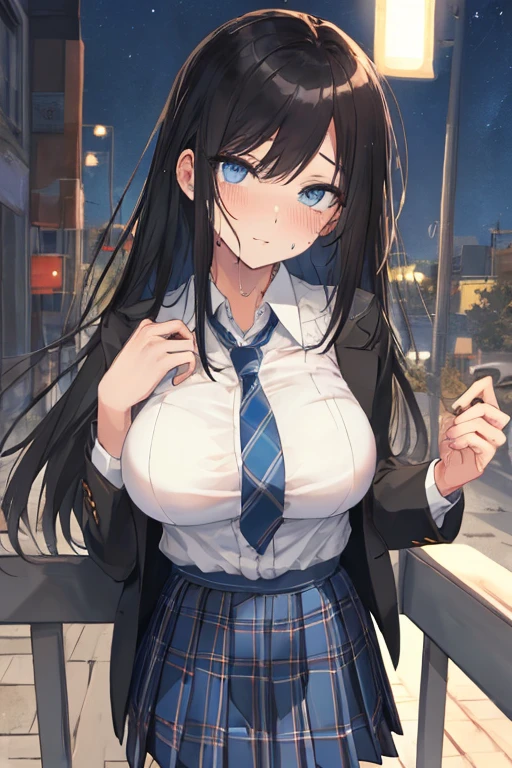 1girl, school unform, cute, unbuttoned, cleavage, school bag, looking at the viewer, skirt, bra flash, hand on the hair