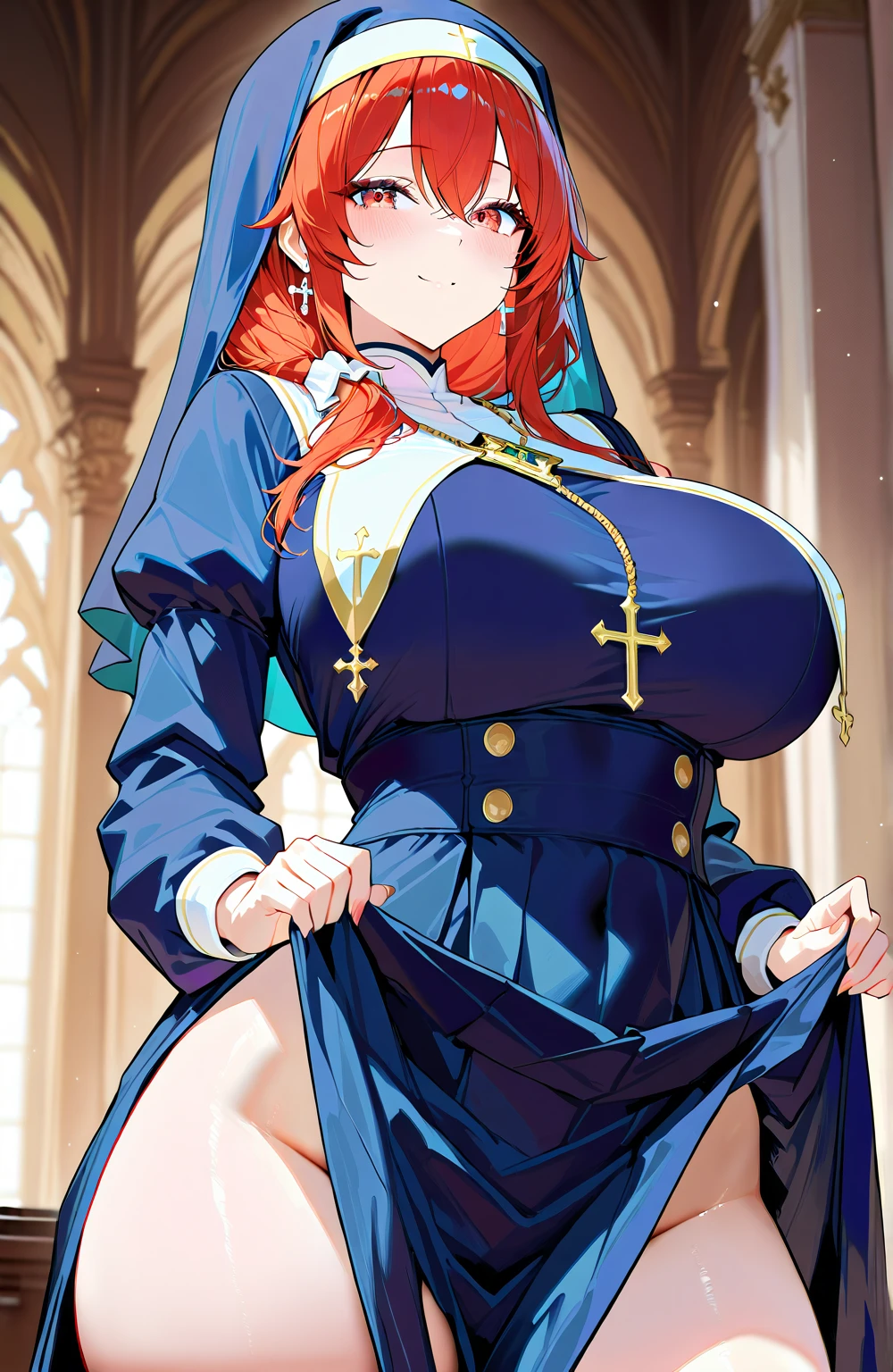 (Masterpiece, Best quality:1.2), marine_nun, habit, blue dress, (underboob, breast curtains, pelvic curtain), garter belt, white thighhighs, seductive look, shy, has a deep secret, view from front, long black dress, longsleeve, pulling skirt up, garter straps, thighhighs, huge breasts, heterochromia, red eyes, yellow eyes, black lace panties