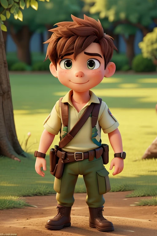 Boy with superhero clothes, with yellow and black clothes and short hair, with smile and happy, 3d, pixar style, disney style, detailed, 8k