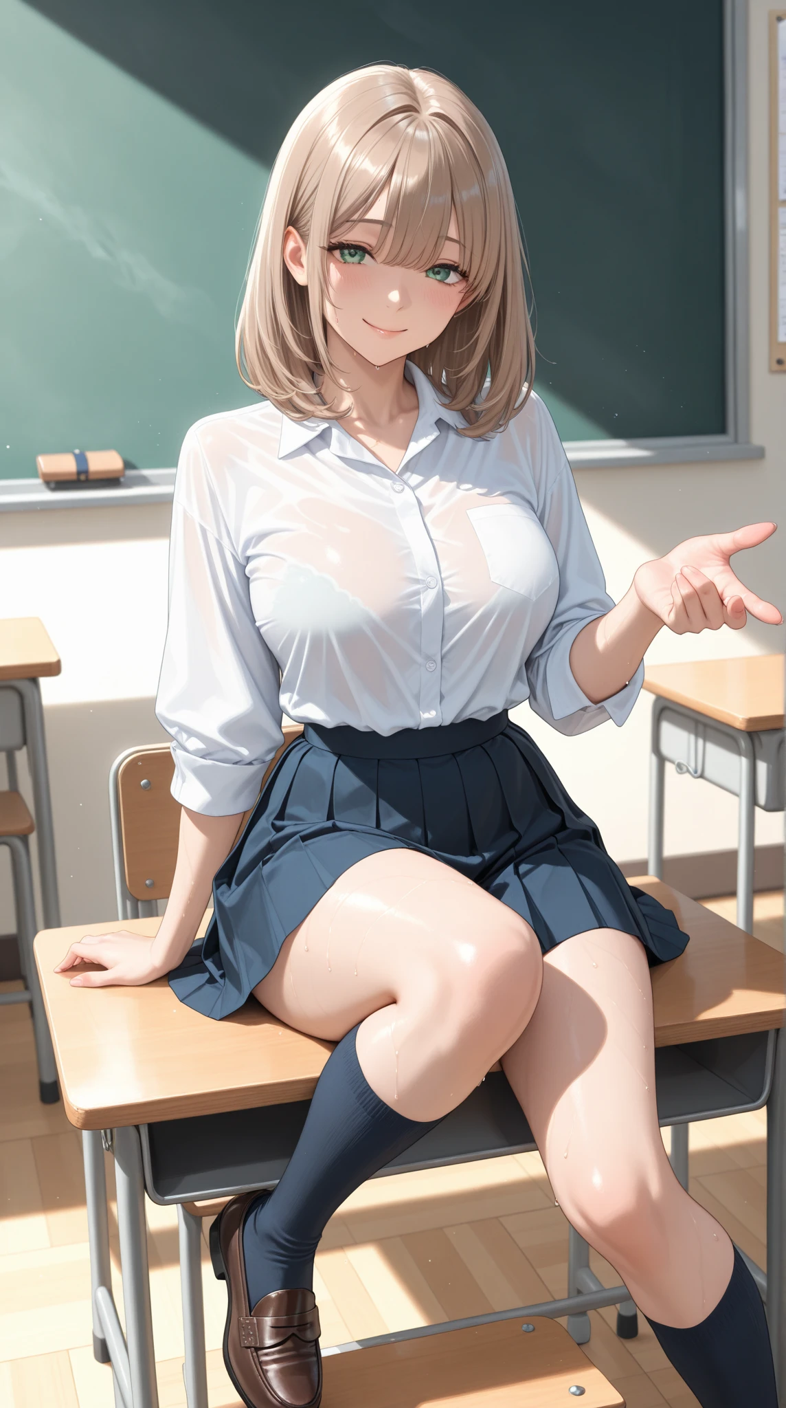 8K raw photos、hight resolution、18-year-old cool Korean、student clothes、blazers、skirt by the、Beautiful eyes in every detail、long eyelasher、beautiful double eyelid、eyeshadows、Slender eyes、Dark Eye Makeup、evil smile、Beautiful and thin legs、Blonde Shorthair、耳环、School Changing Rooms、half squatting、Bending over、Hands behind your back、Holding the skirt up with one hand、biting lower lip、embarrassing looking、The center of gravity is behind、Spread your legs and cut the bottom、((Put only your toes on the floor))、(Full view of pants)、huge tit