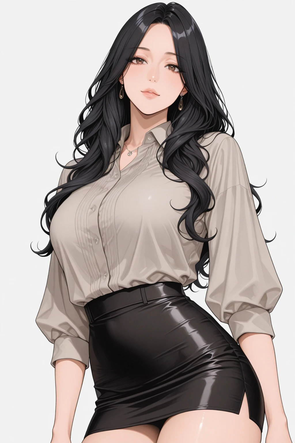 Masterpiece, best quality, detailed, futanari mommy, sexy older woman, cock straining against skirt, black long hair.