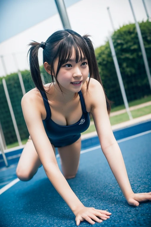 (best quality:1.2), masterpiece, Realistic, Ultra-high resolution, ((a beautiful Japanese idol 12 years old woman:1.2)), (Gaunt:1.3), (((Very flat chest:1.4))), ((Baby Face)), (((Show me your sweaty armpits:1.2))), ((Upper Body:1.4)), (arms up), (focus on her armpit:1.3), ((Armpits are wet and shiny with sweat)), She has skin that sweats easily Soaking wet, (athletics stadium, track and field athlete:1.2), ((topless))