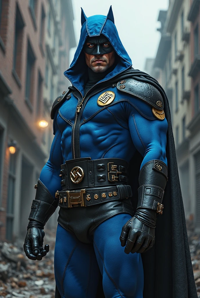 I want you to create a male character with metal control powers, modeled on Marvel&#39;s Magneto. He has black hair and black eyes, wearing a black superhero costume with blue details.