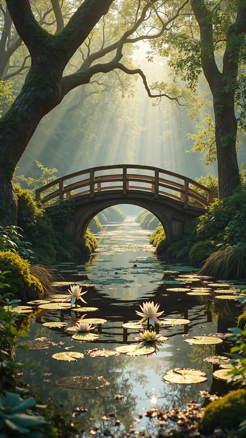 An idyllic rustic wooden footbridge arching gracefully over a tranquil ...
