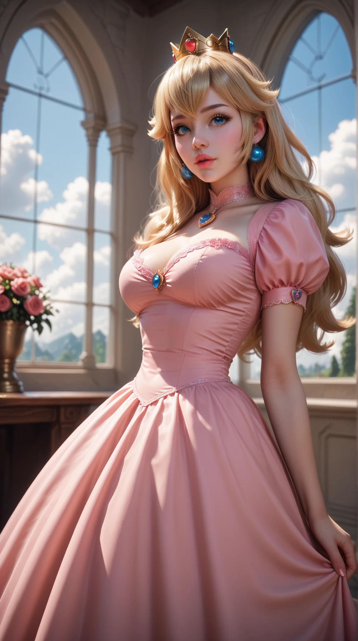 Princess Peach, Princess Peach, Blonde hair, blue eyes, Long hair,,(((Full and soft breasts,)))(((Cleavage))) (Perfect curvy figure),
rest crown, skirt, gem, Gloves, pink skirt, puffy Short sleeve, Puff sleeves, Short sleeve, white Gloves,
rest indoors,
rest looking at viewer, (Cowboy shooting:1.5),
rest (masterpiece:1.2), best quality, high resolution, Unity 8K wallpaper, (illustration:0.8), (Beautiful and delicate eyes:1.6), Extremely detailed face, Perfect lighting, Extremely detailed CG, (Perfect hands, Perfect anatomical structure),