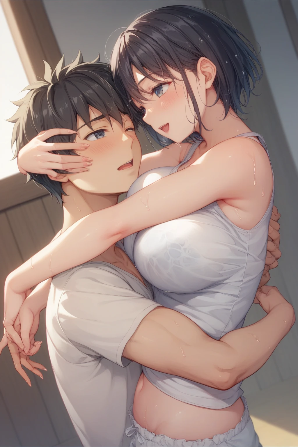 (8k、Best image quality、Highest quality、masterpiece)、Detailed face、One girl、pixie short hair、Black Hair、Bright Blue Eyes、Heart Pupil、Wicked Smile、((steam, sweat, Grin))、Small breasts、((White oversized long shirt:1.5)), Short sleeve、Bra straps、Off the shoulder, No underwear、entrance、Open the door、(A half-naked, muscular man hugs her from behind:1.5, from the front、Facing forward:1.5), indoor、entrance、 Detailed people、Detailed Background