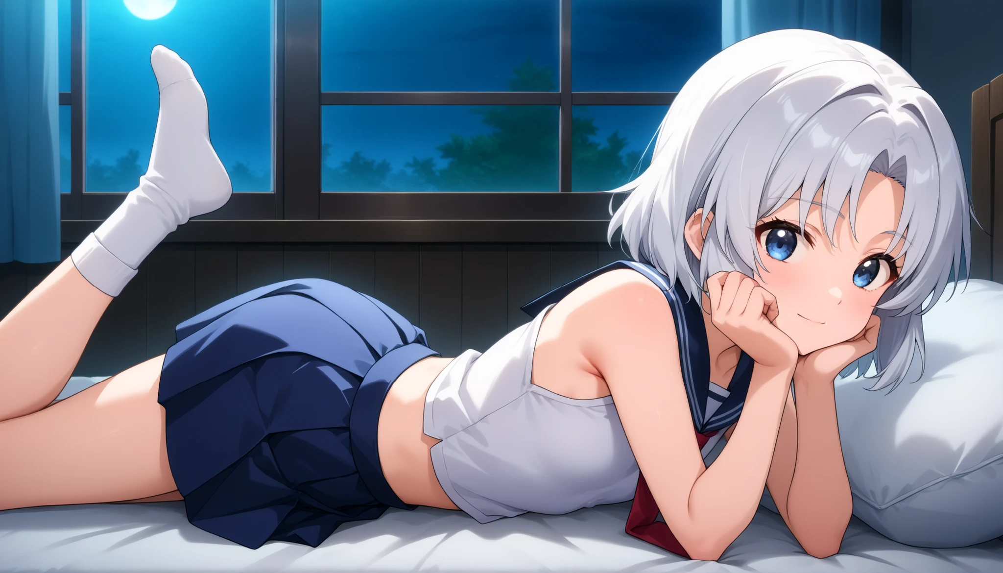 higurashikira, anime screencap, anime coloring, from side,
1girl, solo, daughter, aged down, short female, toned female, white hair, short hair, parted bangs, blue eyes, small breasts,
school uniform, blue sailor collar, red necktie, white sleeveless shirt, blue pleated skirt, white knee socks,
looking at viewer, expressionless, light smile, hands on cheek, lying on stomach, foot up,
indoors, bedroom, bed, pillow, window, night, moonlight,
(masterpiece, best quality, absurdres, highres, newest, very awa, year 2024:1.2)
