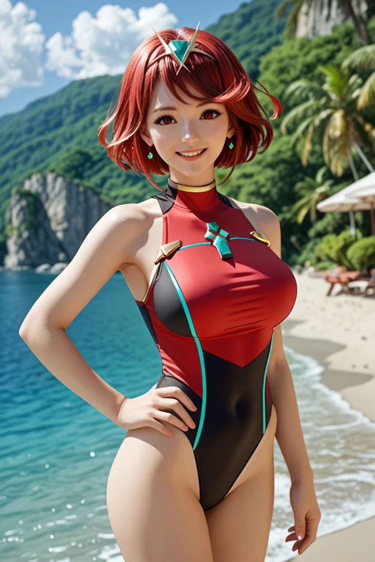 A closeup of a woman in a red latex swimsuit ((Seios grandes, menina de 16 anos)), (((15)) Luz do Sol, Mar, (Corpo Perfeito: 1.1), (Jovem), (Red hair long braid: 1.2), (Crimson red swimsuit), (Papel de Parede CG8k Altamente Detalhado), (Muito Delicado e Belo), (Obra-Prima), (Melhor Qualidade: 1.0), (ultra high def: 1.0), beautiful lighting, perfect lighting, Sombras Realistas, [alta resolução], Pele Detalhada, Ultra Detalhada, (beautiful hair braid), belos seios, blush, fotorrealista, olhos grandes azul, sorrindo (colorido))) (decote))), (delineador), (mascara), ((cabelo vermelho ruivo)) ((corpo perfeito)) ((coxas bonitas)), ((coxas espalhadas)), labios rosados pequenos e bonitos, garota sexy, roupa muito sexy, Oppai, trending at cgstation, Ranma Chan
