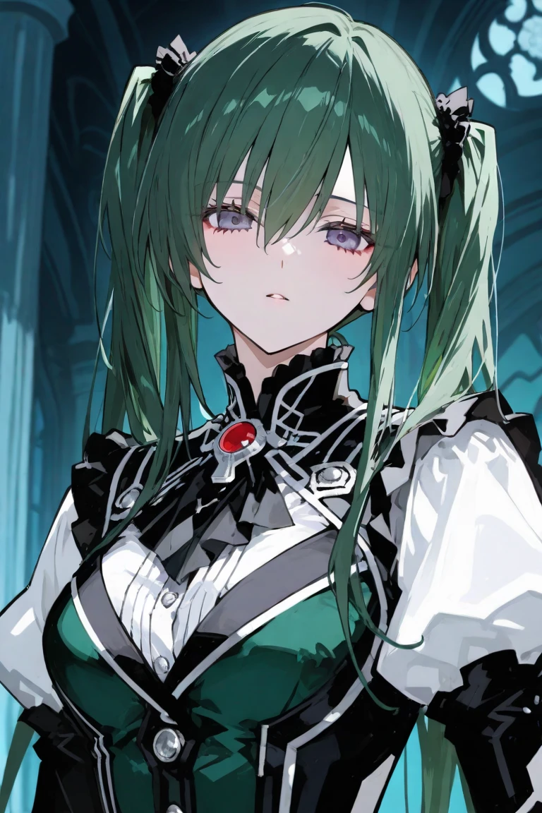 A beautiful gothic girl with tined long green hair, detailed facial features, pale skin, dark makeup, wrestling uniform, posing in a dark moody environment, dramatic cinematic lighting, dramatic shadows, highly detailed, photorealistic, 8k, best quality, masterpiece