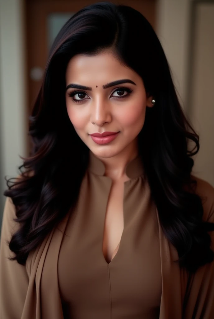 1 adult woman, beautiful Bollywood supermodel, big chest, longye hair, curly hair, black hair color, smooth skin, eyes browns, sorrido, vegetation, Occasional, Businesswoman style clothes, light brown blazer, realisitic, with background in a fancy restaurant, 8k super realisitic, super detalhado e realisitic, superb lighting, shining skin, white complexion, beautiful gorgeous face