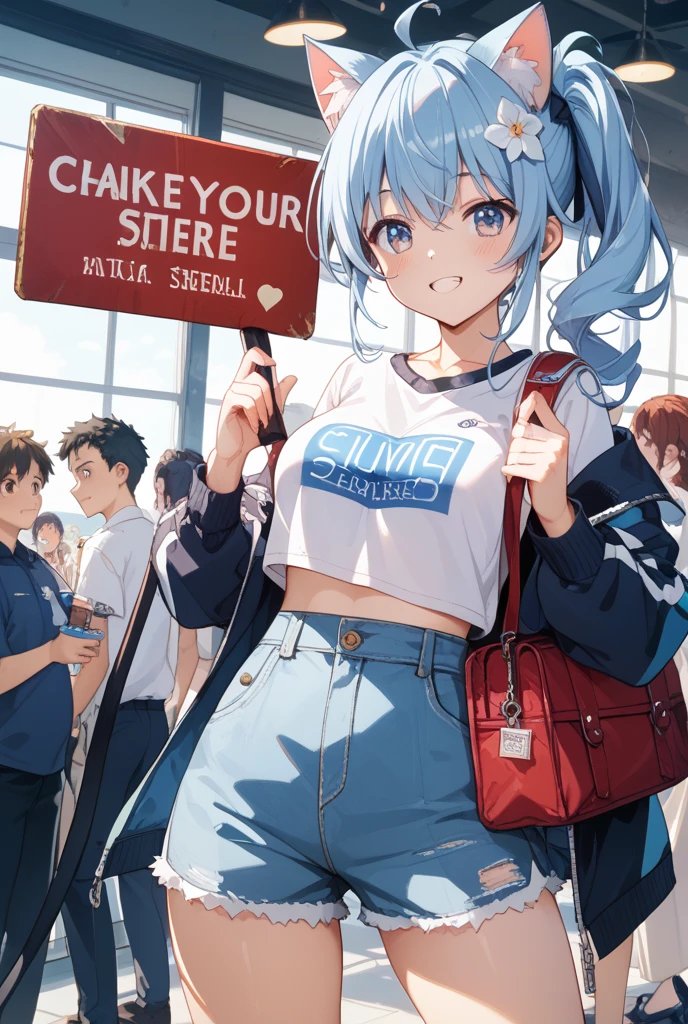 Draw a girl blue and white hair, in white shorts, black nike shirt, full body, sweaty, with a bottle in hand