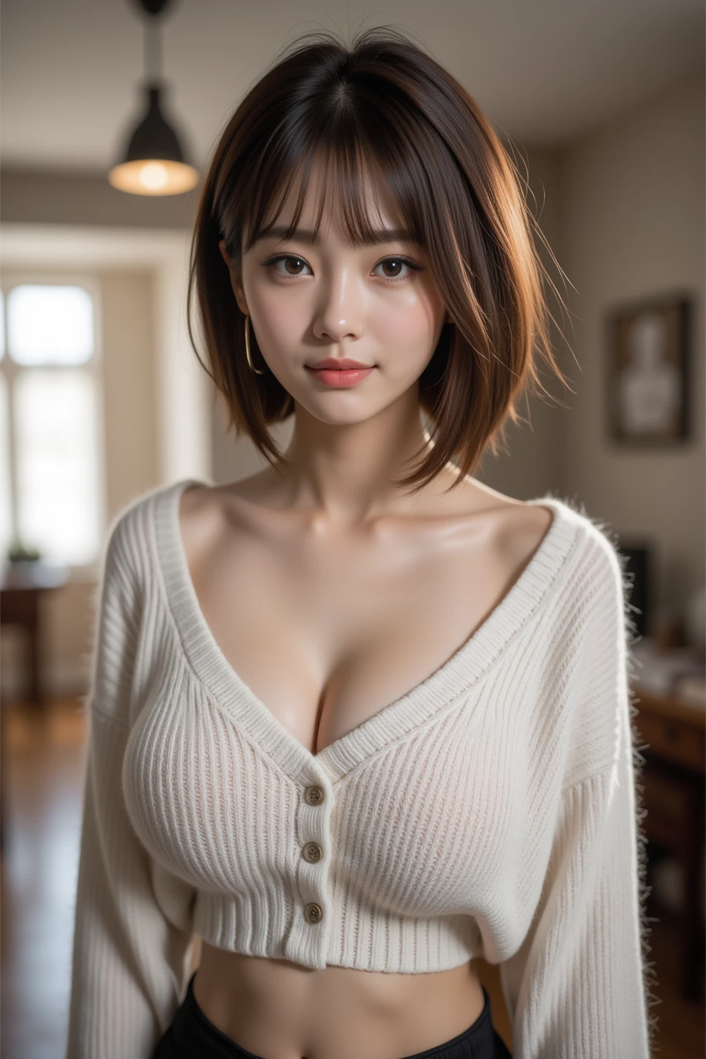 ((The Ultimate Beautiful Japan Married Woman))、Mature、Beautiful facial features、(Big eyes), Detailed lips, inely detailed beautiful eyes, Double eyelids, long eyeslashes、(Huge breasts), (Curve), (grin), cparted lips, (Beautiful teeth alignment), red blush, a captivating gaze, (short brunette bob), tmasterpiece,(long legged,Long legs),best qualtiy,Hyper-detailing,illustratio,Fine and detailed eyes and detailed face) allure:brunette color hair,Natural makeup,Random color clothes, Round chest,looking at viewert,独奏,A MILF,Military Office Background