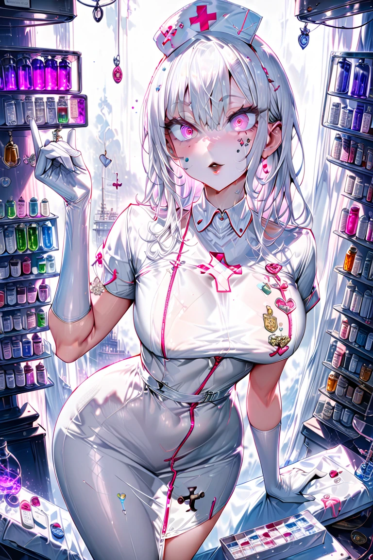 (ghosty:1.7) {(doctor:1.5)|nurse} girl, ((white doctor coat:1.4), (no nurse cap:1.8)), (spirit, spiritual:1.2), 1girl, perfect and well designed glowing shiny eyes, (beautiful detailed eyes:1.05), (natural breasts:1.25), slim body, beautiful and delicate cute face, (face detail), ((realistic face)), pores, ((pale grey skin)), detailed skin, realistic skin, (((bioluminescence))), ((shiny skin)), (multicolored gradation skin), (monster girl:1.25), human face, medium length hair, hair voluminous, (((((multicolored gradation hair))))), super high resolution, 8k, parameters Best quality, (masterpiece:1.4), (magic accessories:1.4), bracelets, extremely detailed thick tight (green:1.2, pink:0.65) ({nylon|lycra}:1.5) ornate (skirt:1.5), (standing nipples under cloth:1.35), (ornaments on clothing:1.5), (neckline:1.3), (cleavage:1.3), decolette, Young Girl, Little Beast, (Smile:0.9), (pale Skin:1.65), ultra detailed, photorealistic, ((Real image)), (best quality:1.4), super high resolution, (Realistic 2.0), More details, (((1girl))), {(medical ward:1.2)|(nurse cabinet:1.5)|(doctor office:1.2)}, futuristic, cyberpunk, magic technologies, (beautiful and aesthetic:1.2), (fractal art:1.4), (cinematic light:1.1), (close DUTCH ANGLE:1.2), 16K, HDR, RTX, Ray Tracing, Radiosity, Anisotropic Filtering, Subsurface Scattering, (((magic lights))), metallic reflections, Detailed, Realistic, 4k highly detailed digital art, (cool_color), extremely detailed CG unity 8k wallpaper, vibrant colors, (seductive pose:1.4)