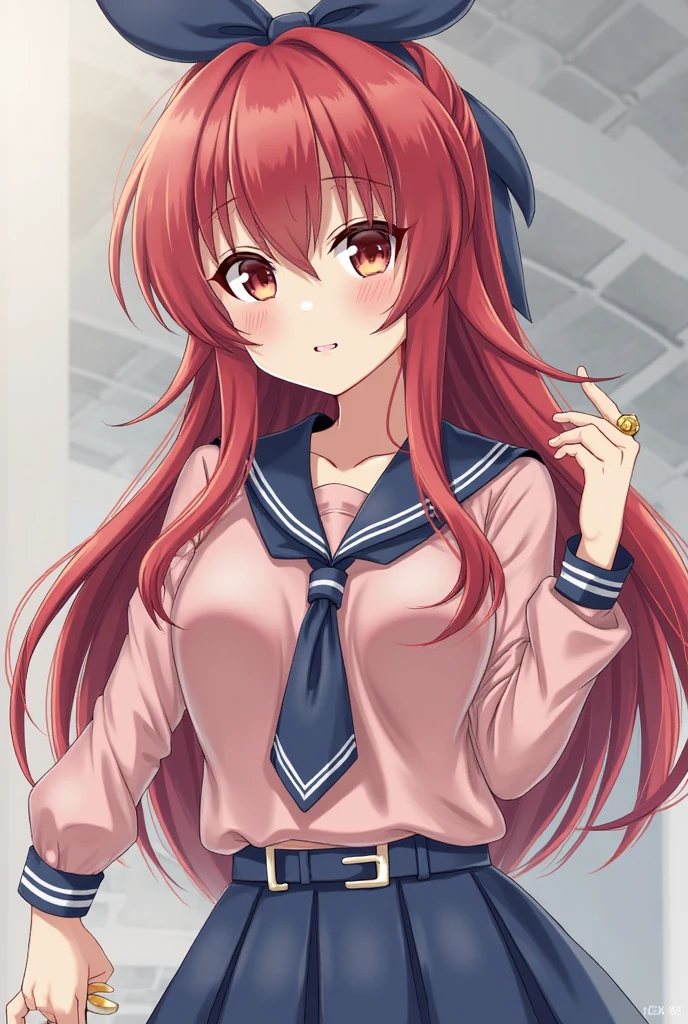 Masterpiece to the smallest detail、top-quality、girl with、17 age、独奏、Looks like 12 years old、150cm petite beautiful girl、small tits、a baby face、red hairs、Gradient bob in the forward、Pink and violet mesh、red eyes、Red eyes、Tall, big eyes、Outstanding looks、A lovely child、proximity、closed_mouth、a smile、red blush、full of shyness、blue headwear、Hats、pink bowtie、校服、 Blue jacket、jaket、skirt by the、Gray skirt shirt、white  shirt、an legs、Black socks、sitting on、‎Classroom、hair_ornament、looking_at_viewer、beatiful detailed eyes、Akame、panties on、lift up one's skirt、Professional effects、
