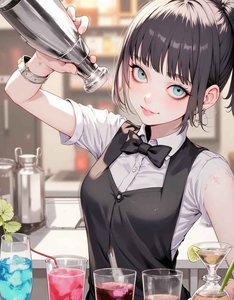 ((Highest quality)), ((masterpiece)), (detailed), Perfect Face, Black short hair, One person, Beautiful light, Black Suit,Wide-angle lens,Making a drink ,Background Green Fill