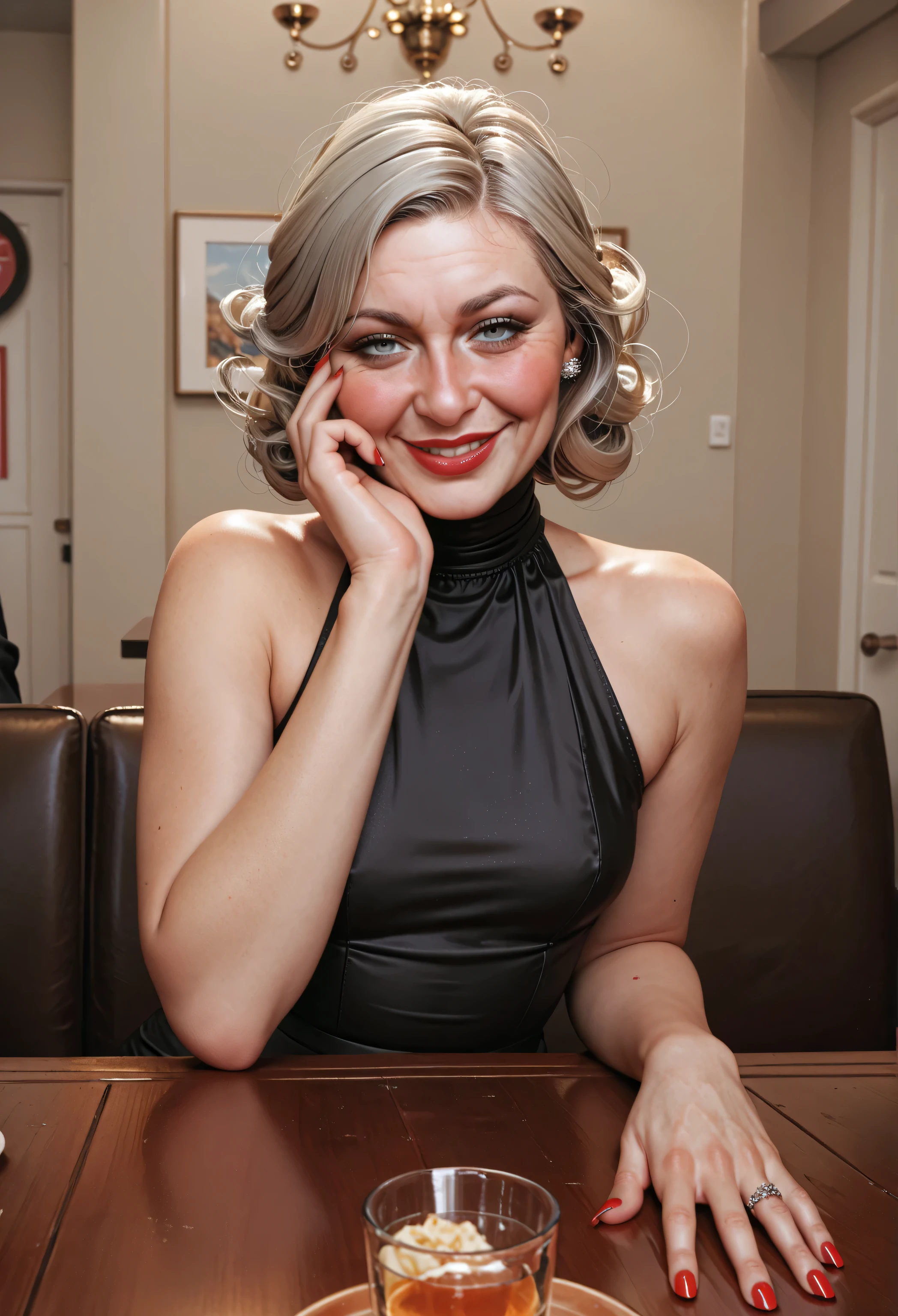 score_9, score_8_up, score_7_up, middle aged woman milf_wrinkles ,sitting down blusing happy smile, black high neck dress , blonde_gray hair,restaurant table, (rednailpolish), medium woman, small breasts ,normal hips, medium assass, blond hair, full lips_lipstick, blushing