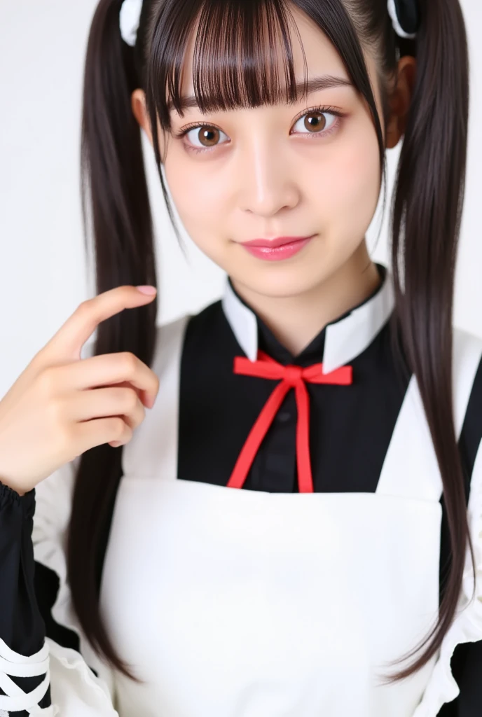 1 girl, solo, Nayuta (chainsaw man), black hair, x hair ornament, long hair, hair ornament, orange eyes, looking at viewer, long sleeves, dress, uniform, smile, ribbon hair, closed mouth, shirt black, hair between eyes, traditional media, giving half a finger