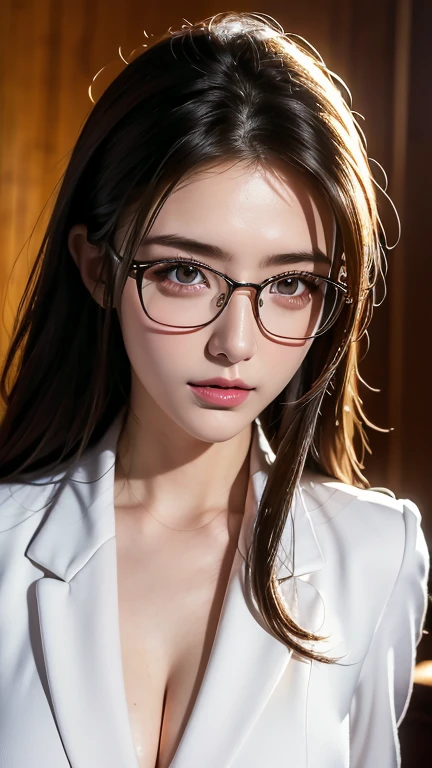 (Highest quality),Tabletop,8K,Ultra-high resolution,Best image quality,One beautiful woman、(White polyester sleeveless),(Blouse with buttoned collar:1.3),(Elegant black tight skirt:1.1),(Big Breasts:1.2),(Elegant round glasses:1.2),(優雅にstand:1.1),(Strongly blurred background:1.1),stand,lipstick,Long eyelashes,Heavy makeup,Perfect Makeup,Colored contact lenses,Accentuate your body lines,Big ample breasts,soft and warm lighting,(Ultra-high resolutionの正確な美しい髪:1.1),(Accurate anatomy:1.2),Ultra-high definition beautiful eyes,(Super bright and radiant skin:1.1),Staring at me with a blank look,topless,In underwear,Beautiful nipples