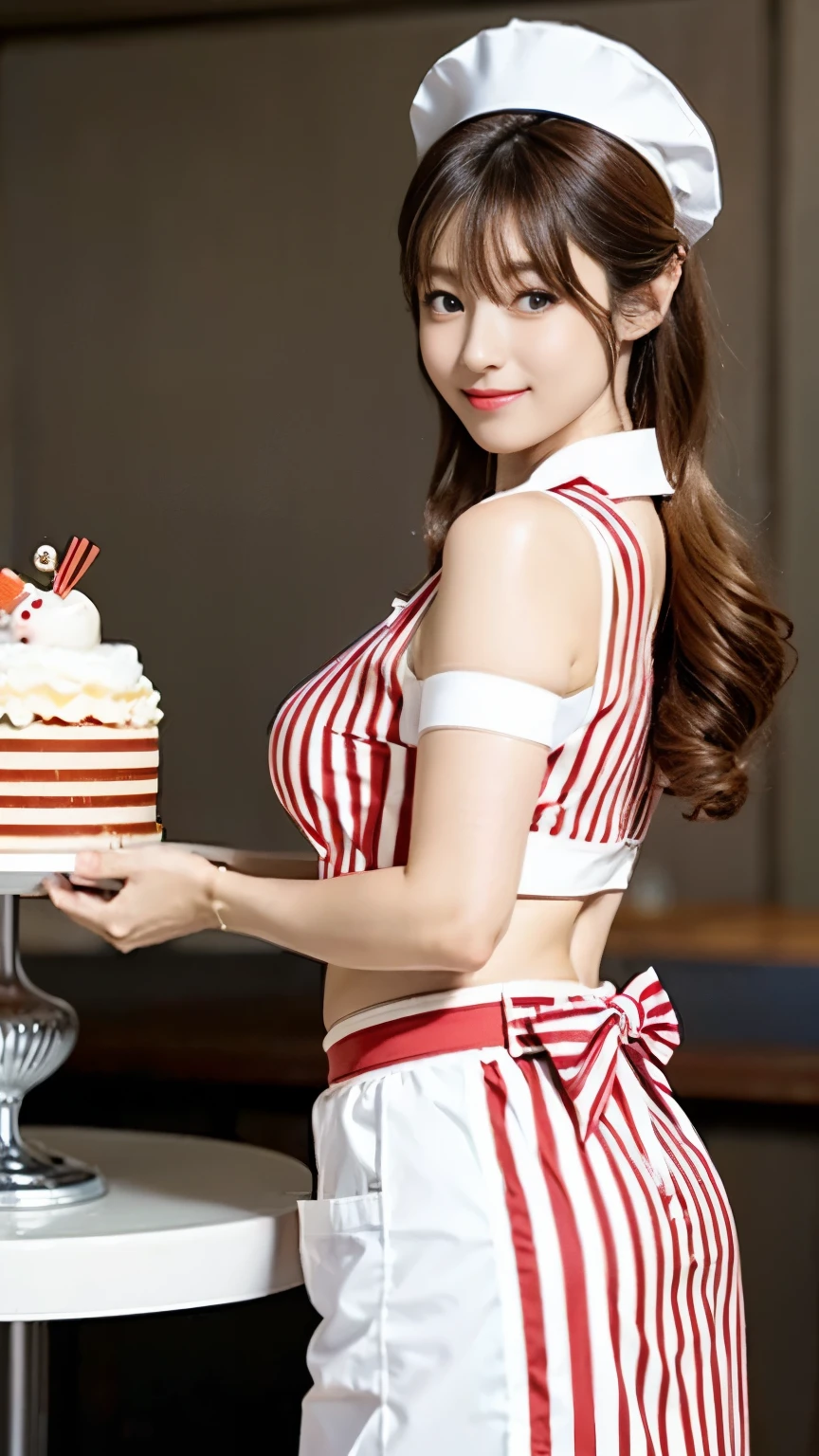 ((Women in crop top waitress button shirt)), dress properly, showing navel, (red bow on the chest), show belly, holding dishes, food,  realistic navel shape , expose a lot of abdomen area around belly button, 
