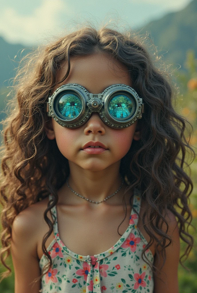/menina branca usando oculos cabelo enrolado 6 anos indo para escola futurista
