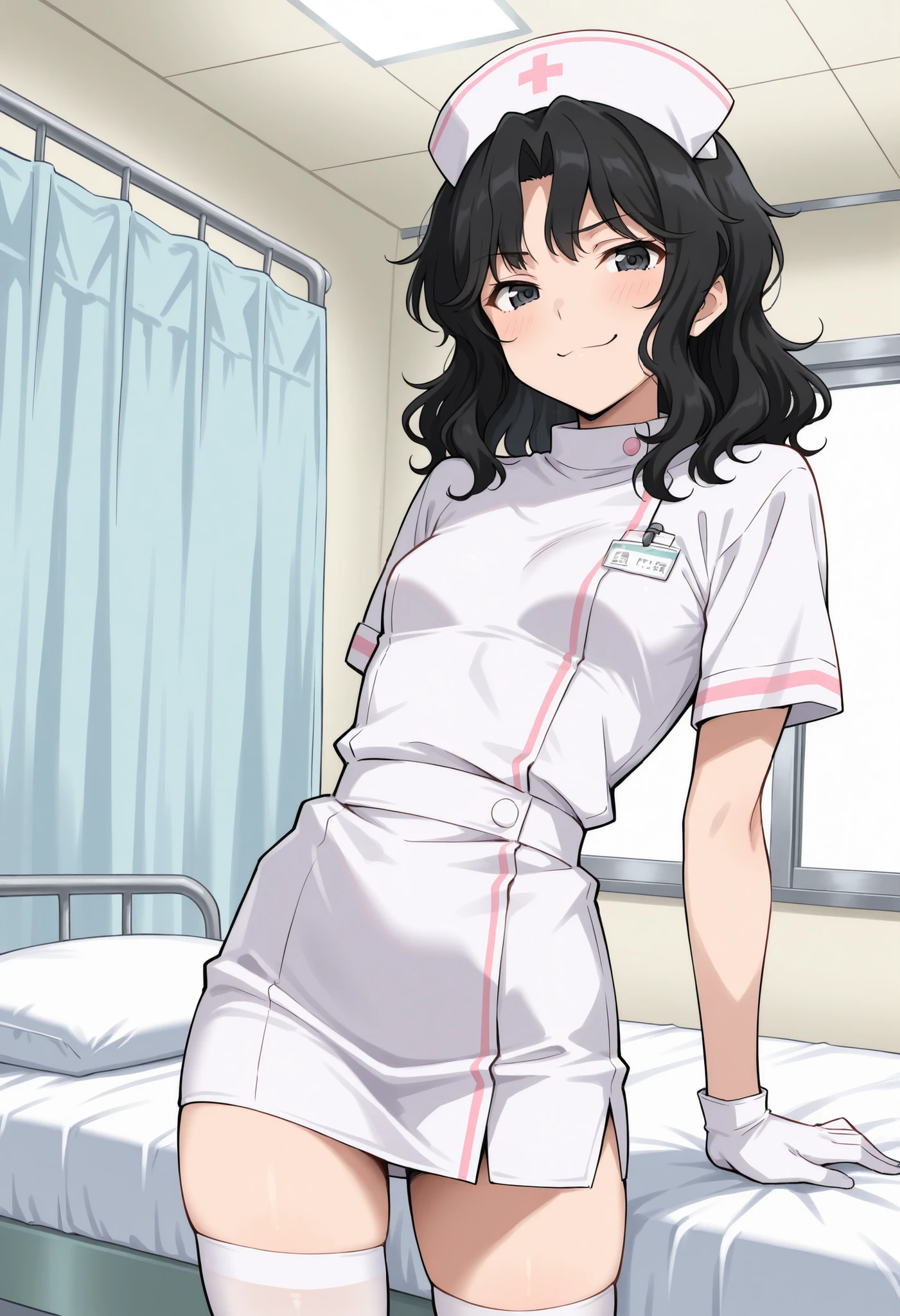 Score_9, score_8_up, score_7_up, source_anime, tnakao, solo, black hair, wavy hair, medium hair, black eyes, small breasts, (best quality), (high quality), {masterpiece}, extremely delicate and beautiful, ultra-detailed, beautiful detailed eyes, nurse, nurse hat, ((white nurse's outfit)), white gloves, white thighhighs, hospital room, smug, closed mouth, standing