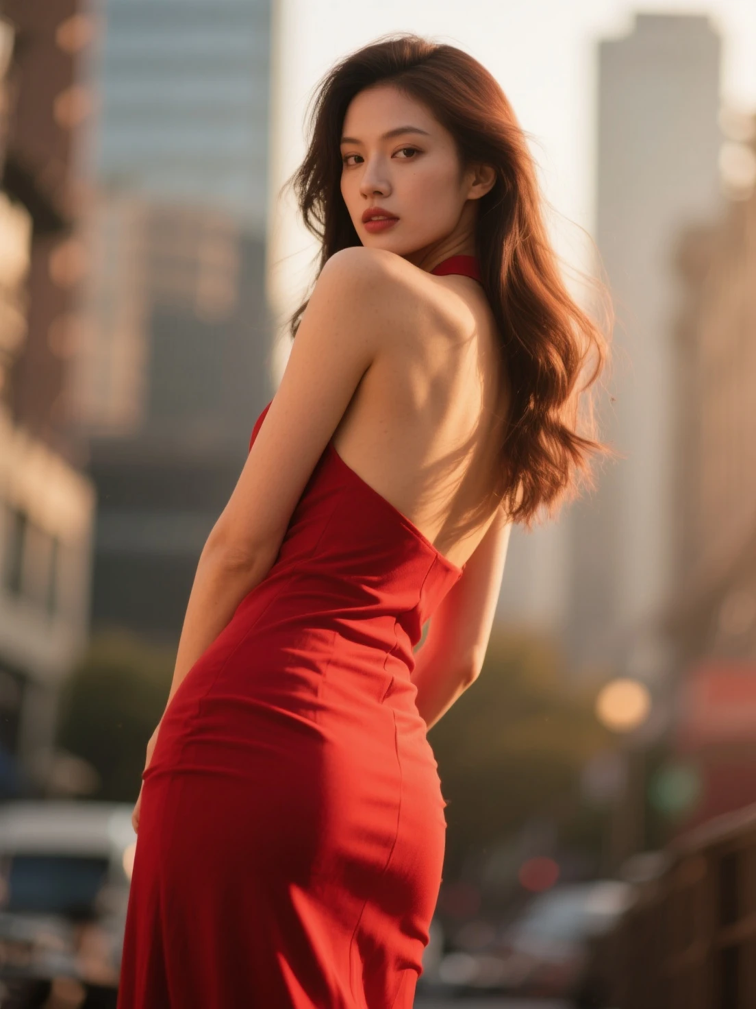 1girl, solo, (upper body:1.2), (mature body), standing, closed mouth, short hair, (small breast:1) ((elegant sleeveless dress)), lips, (photorealistic:1.4), masterpiece, 8k HDR, (realistic:0.2), cinematic lighting, colorful light, (looking at viewer), city street, (detailed background:1.1), panorama, ((night)), slender,