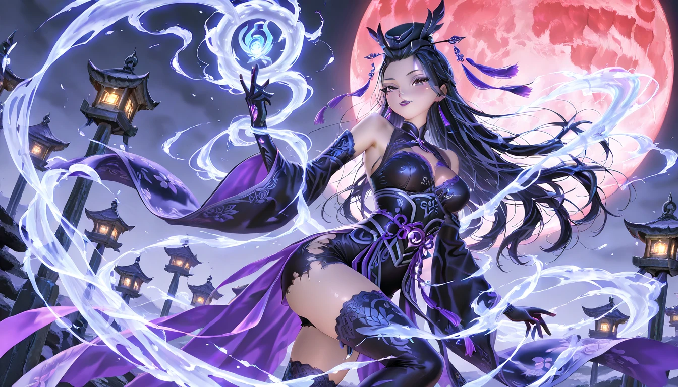 8K, realistic, Ultra High Definition, Super detailed, young girl of 18 years, Shiny detailed hair, dragon eyes, purple eyes, large eyes, dragon ears, detailed and shiny eyes, detailed face, fantasy landscape, solo, looking at viewer, {{best quality}}, {{masterpiece}}, {{ultra-detailed}}, {detailed light}, black hair, long hair, purple horns, beautiful earrings, beautiful, skinny body, white skin, kimono, futuristic and brightly colored sneakers, standing in suggestive pose